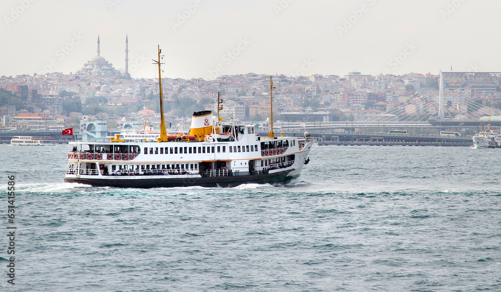 Ferry carrying passengers cruising in the Bosphorus, beautiful Istanbul in the background