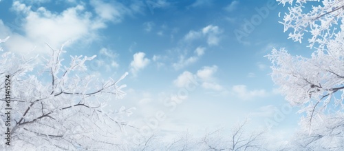 A winter nature background with snowy tree branches against a blue sky, offering copy space