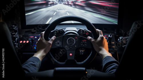 First person view of a gamer playing pc game with racing wheel controller. Race simulator with steering wheel. Ai generated photo