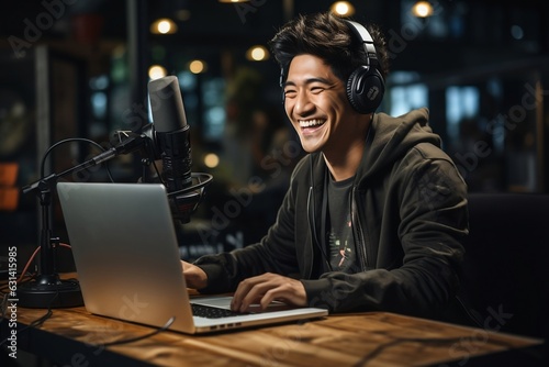 Asian man recording a podcast with headphones and a microphone on his laptop. AI