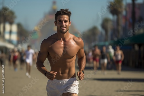 Fit Man Running on Santa Monica Beach Boardwalk with Pacific Ocean in Background. AI