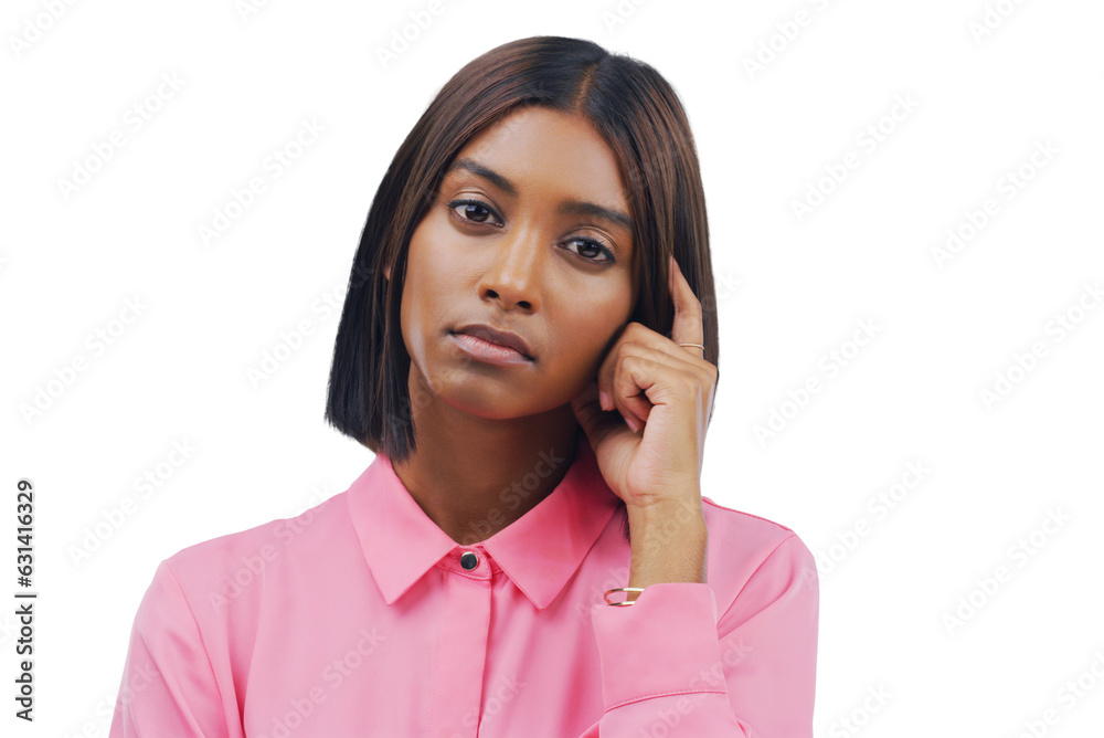 Portrait, thinking and Indian woman with solution, emoji and model isolated on a transparent background. Png, female person and girl with questions, mindset and brainstorming with problem solving Portrait, thinking and Indian woman with solution, emoji and model isolated on a transparent background. Png, female person and girl with questions, mindset and brainstorming with problem solving