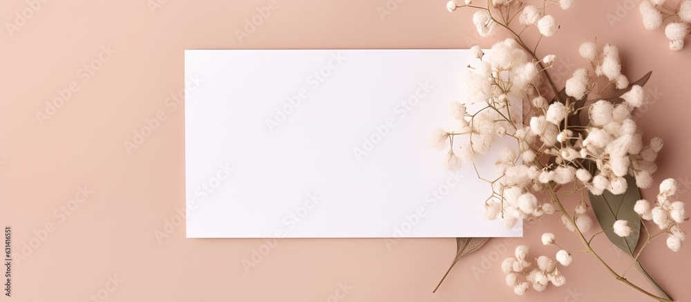 Blank wedding invitation card mockup featuring natural eucalyptus and white gypsophila plant twigs.