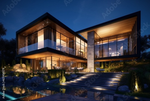 night view of modern house exterior with interior. generative ai © LivroomStudio