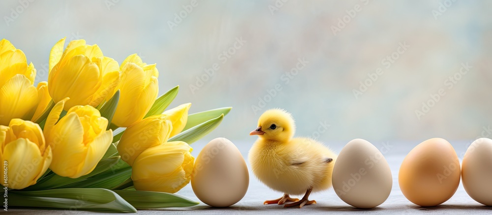 Close-up side view of yellow tulips, eggs, and a set of Easter macaroon chicks on a marble background. Close-up side view of yellow tulips, eggs, and a set of Easter macaroon chicks on a marble background.