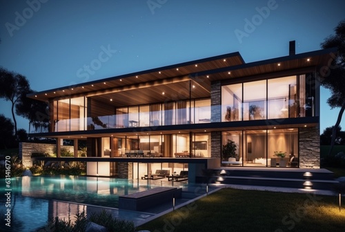 night view of modern house exterior with interior. generative ai © LivroomStudio