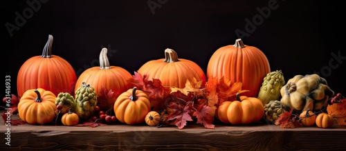 Decorations for the fall season featuring pumpkins, berries, and leaves. Represents Thanksgiving