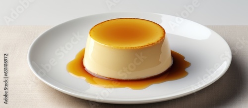 Delicious pudding made with condensed milk displayed on a white plate. Can be viewed from the top,