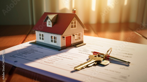 The image features a layout of toy house with a pen, accompanied by keys, symbolizing the aspiration and realization of home ownership in a single captivating frame.