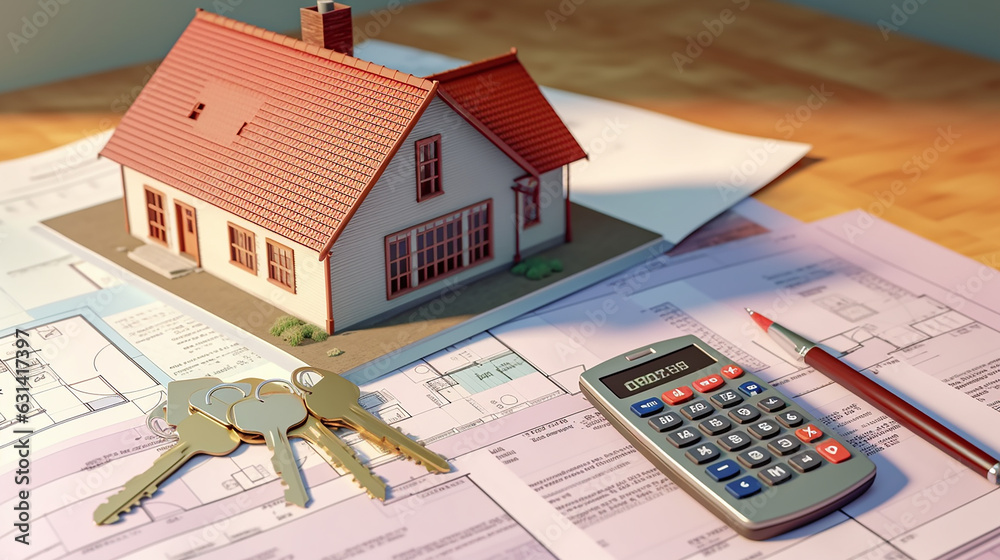 A set layout of a toy house, keys, and a calculator compose an image that embodies the financial planning, tangible possession, and numerical precision inherent in the concept of homeownership. A set layout of a toy house, keys, and a calculator compose an image that embodies the financial planning, tangible possession, and numerical precision inherent in the concept of homeownership.