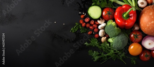 Fresh vegetables and ingredients for cooking are showcased in a top view with a dark background,