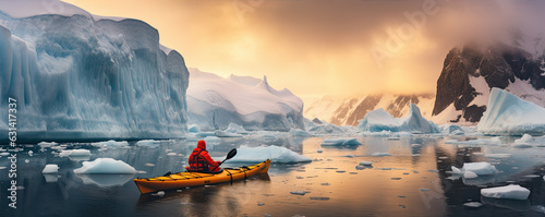 Fotografiet Winter kayaking in ice antartica. Frozen sea and glaciers around.