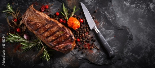 Fotografiet Grilled Cowboy steak, seasoned with spices, presented on a knife over a stone ba