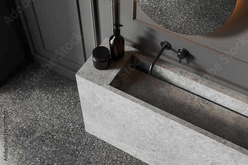White stone sink in gray bathroom, top view Fototapet
