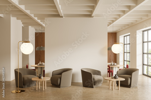 Cozy restaurant interior with dining space, wall mockup and panoramic window