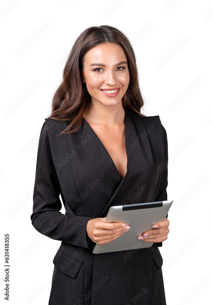 Businesswoman with tablet in hands, smiling. Isolated over white background Businesswoman with tablet in hands, smiling. Isolated over white background