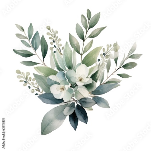 Wedding floral composition, watercolor big flowers, eucalyptus greenery arrangement, isolated on white