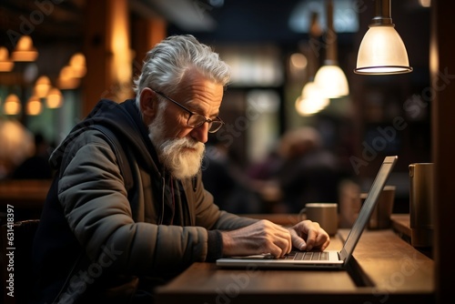 Elderly Gentleman Using Laptop at Café Table. AI