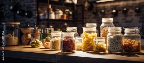 Storage jars containing flour and various types of pasta are placed on the kitchen countertop,