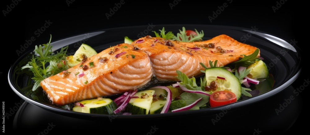 mouth-watering salmon fillet dish with cucumber, onion, and green salad on a gray background. It mouth-watering salmon fillet dish with cucumber, onion, and green salad on a gray background. It