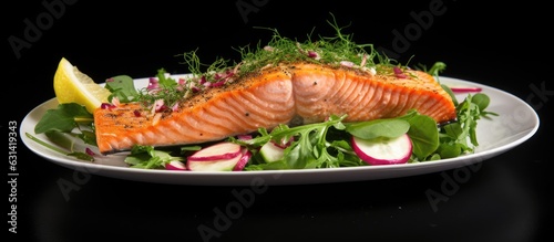 mouth-watering salmon fillet dish with cucumber, onion, and green salad on a gray background. It