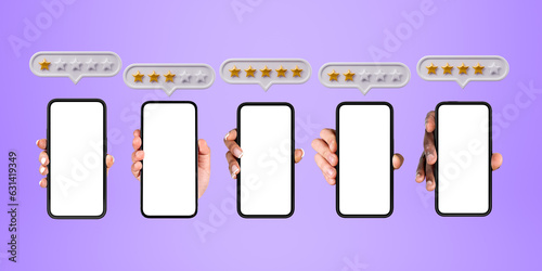 Hands holding mock up phone in row, empty screen and different feedback