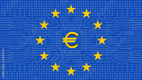 Vector flag of the European Union with a 3d digital euro symbol in the center on the background of pixel numbers and a computer scheme.