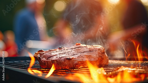 barbecue, foreground with steak in fire, barbecue party in the background,
