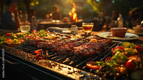 barbecue, foreground with steak in fire, barbecue party in the background,