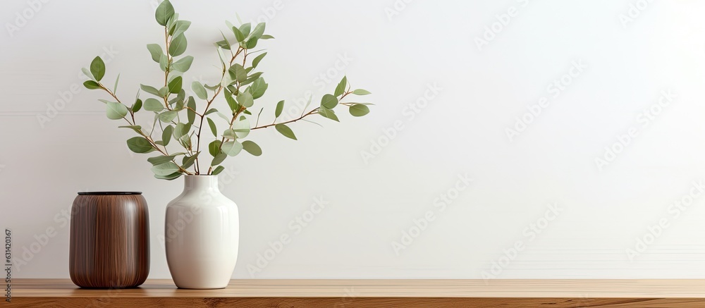 The living room has a modern vase with eucalyptus branches and a small bamboo jewelry box on a