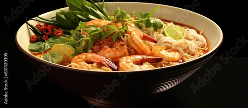 The Laksa Shrimp Bowl is a popular Asian Malaysian dish that consists of glass noodles, shrimps,