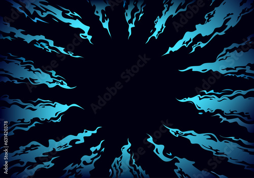 Tongues of blue fire directed to the center on a black background. Comic fantasy blue fire flame backgrounds. Design template page. Hand drawn vector art