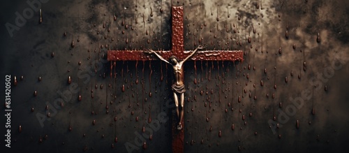 a Christian cross created using rusty nails, with drops of blood on a grey background. It is a