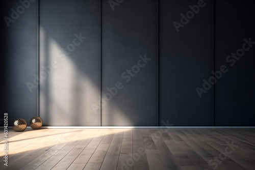 Empty light dark wall with beautiful chiaroscuro and wooden floor  Minimalist background for product presentation  mock up