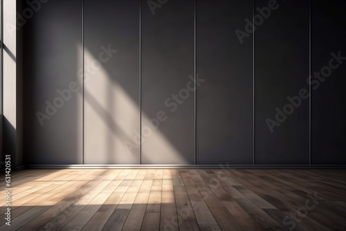 Empty light dark wall with beautiful chiaroscuro and wooden floor  Minimalist background for product presentation  mock up
