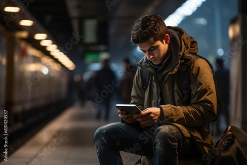 Young man sitting and waiting for a train, using a phone. AI