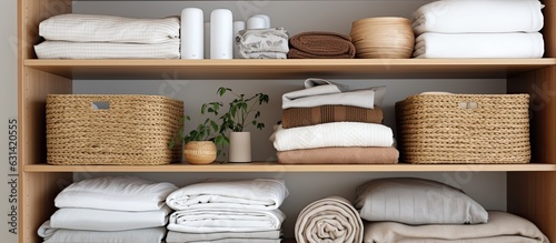 The shelves in the closet are arranged neatly with bed linens and there is space to put items. © HN Works