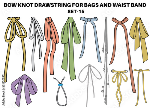 Bow knot Drawstring cord flat sketch vector illustrator. Set of bow knot Draw string for Waist band, bags, shoes, jackets, Shorts, Pants, dress garments, Drawcord for Clothing to pulled or tighten photo