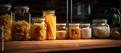There are storage containers filled with flour and different types of pasta on the kitchen countertop.