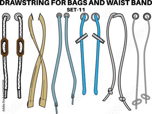 Drawstring cord flat sketch vector illustrator. Set of Draw string with aglets for Waist band, bags, shoes, jackets, Shorts, Pants, dress garments, Drawcord aiglets for Clothing to pulled or tighten