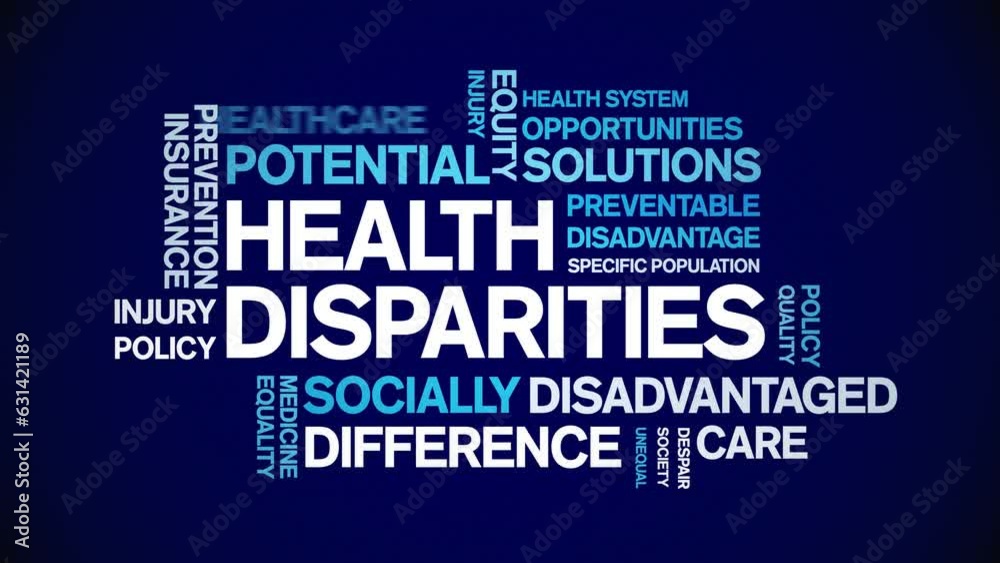 Health Disparities animated tag word cloud;text design animation kinetic typography seamless loop.