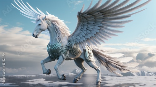 White Pegasus horse flying through sky
