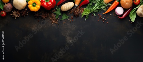 Top view of vibrant spices and fresh vegetables on a dark metal background  offering space for