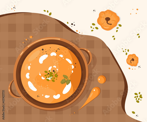 A plate of pumpkin creame soup with applications  (pumpkin, bell pepper, pumpkin seeds) on a light background. Traditional Thanksgiving food in vector Illustration. Autumn food.