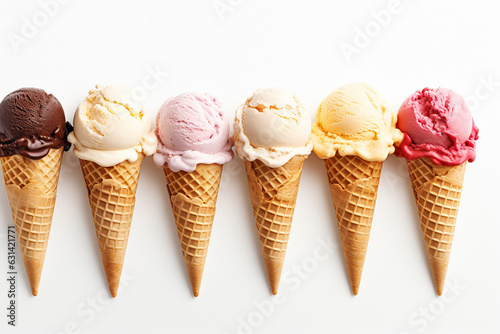Different ice-cream flavors and colors in a cone, on white background. Generative ai 