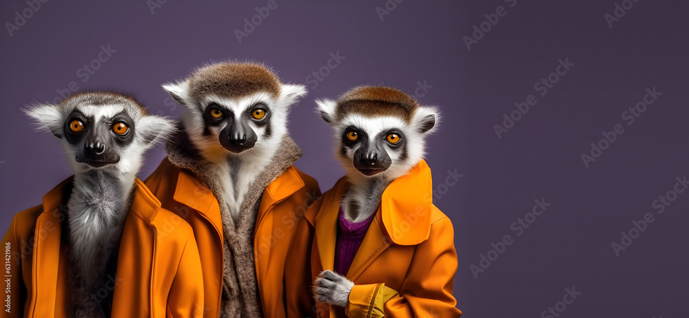 Creative animal concept. Lemur in a group, vibrant bright fashionable outfits isolated on solid background advertisement, copy text space. birthday party invite invitation banner
