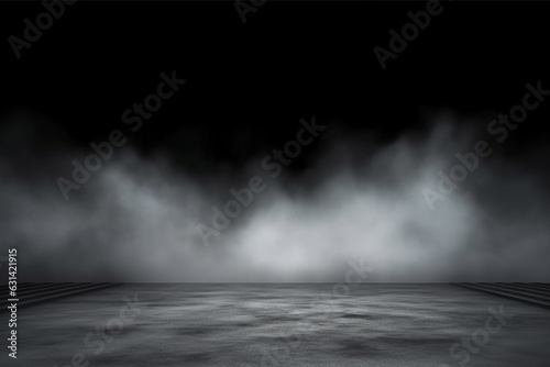 Room with concrete floor and smoke with dark wall background