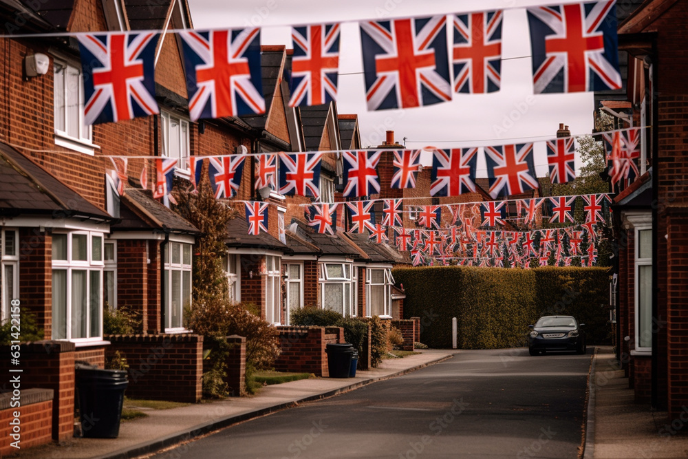 British Union Jack flag garlands in a street in London, UK Stock Photo