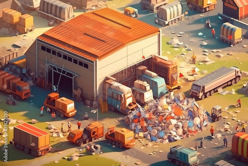 Isometric warehouse, storehouse, indoor, inside interior. Storage building, workers load goods, truck, loader, cargo car. Racks, boxes, shelves. Work logistic, delivery process. photo