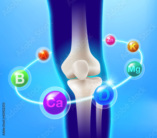 Vitamins revolve around the bones and lower legs. Nutrients for joints knee and bones. Vector illustration for multivitamin ads medicine and healthy.